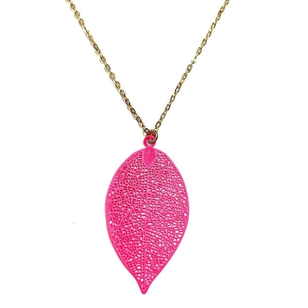 Hot Neon Pink Long Leaf Pendant Necklace New